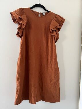 Rust Orange Linen Blend Ruffle Sleeve Shift Mini Dress XS Cottagecore Western
